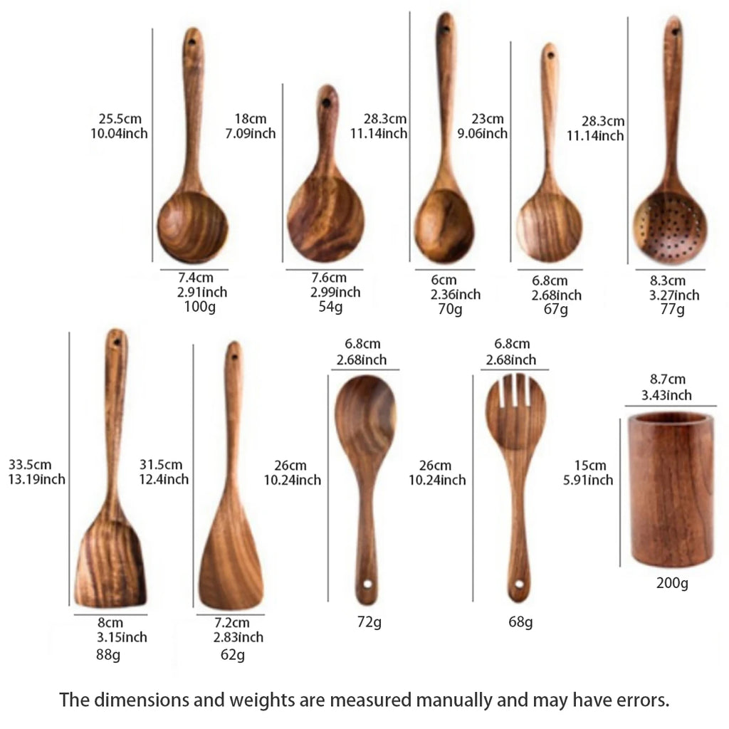 Wooden Kitchen Utensil Set with Holder – Natural Cooking Tools Set | Spatula, Spoon, Fork & Stirring Tools for Non-Stick Cookware