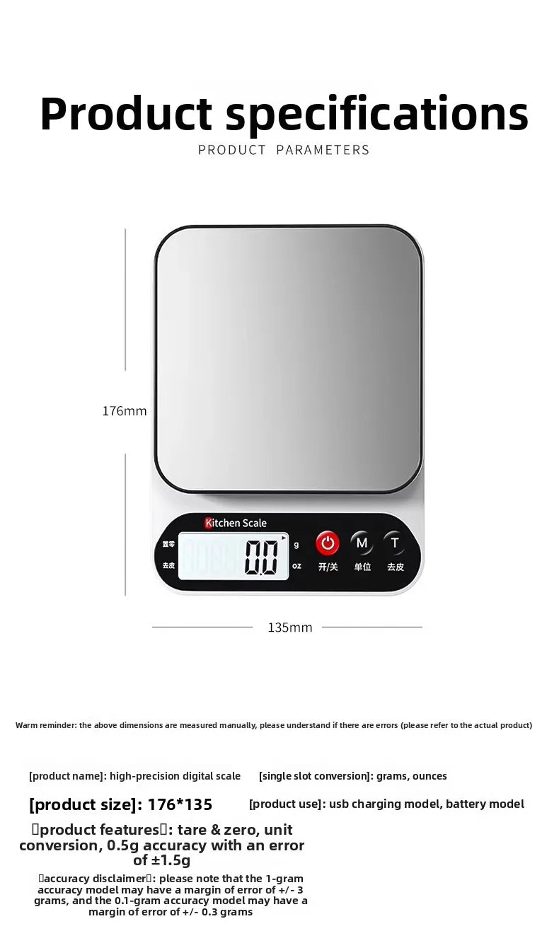 Digital Kitchen Scale – High Precision Food Scale (1g Accuracy) | USB Rechargeable Cooking & Baking Scale with LCD Display & Tare Function