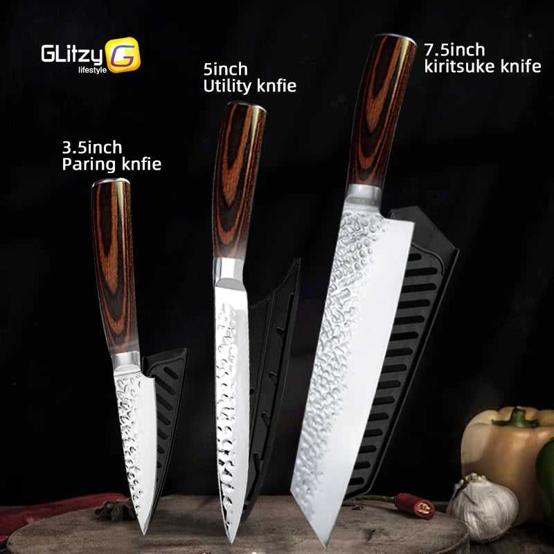 Japanese Chef Knife Set – 7CR17 High Carbon Stainless Steel Kitchen Knives | Ultra Sharp Santoku, Utility & Cleaver with Pakka Wood Handle