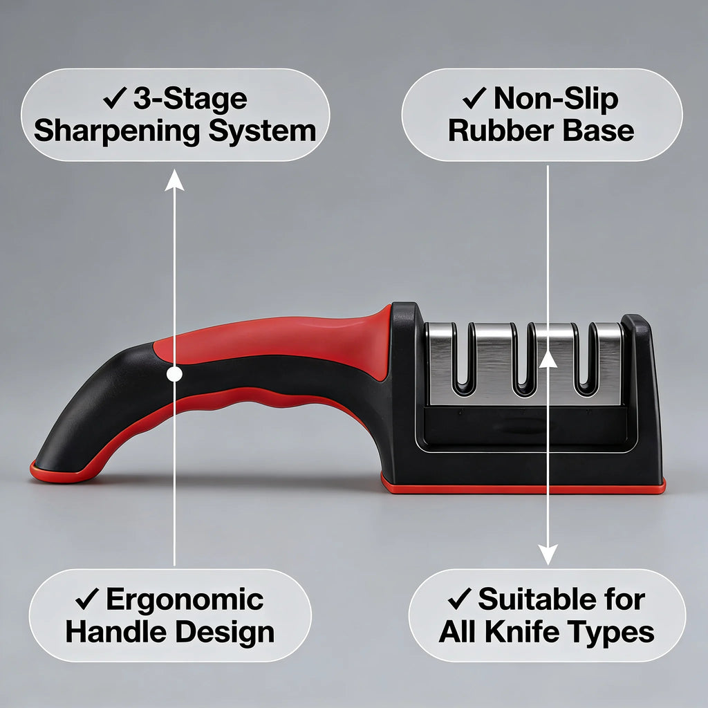 3-Stage Knife Sharpener – Manual Kitchen Knife Sharpening Tool with Non-Slip Handle | Professional Blade Restorer for Dull Knives & Home Cooking