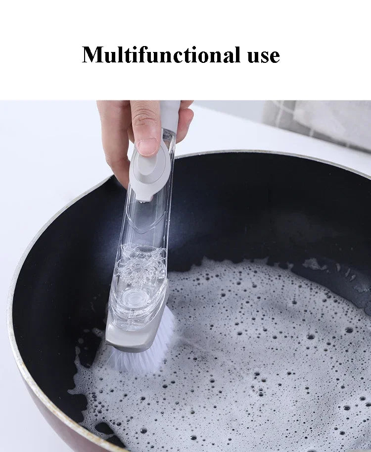 2-in-1 Soap Dispenser Kitchen Cleaning Brush – Long Handle Dish Scrubber with Sponge & Scraper | Leak-Proof Dishwashing Brush for Pots, Sink & Kitchen Cleaning