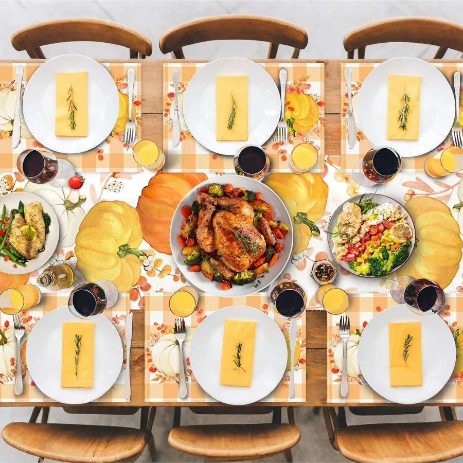 Set of 4 Fall Placemats 12x18 Inch – Autumn Pumpkin Table Mats for Thanksgiving & Holiday Decor | Heat-Resistant Kitchen Dining Table Protectors