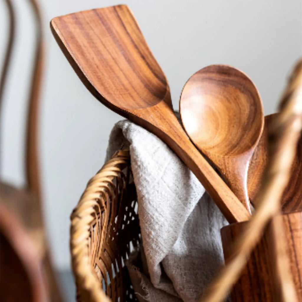 Wooden Kitchen Utensil Set with Holder – Natural Cooking Tools Set | Spatula, Spoon, Fork & Stirring Tools for Non-Stick Cookware