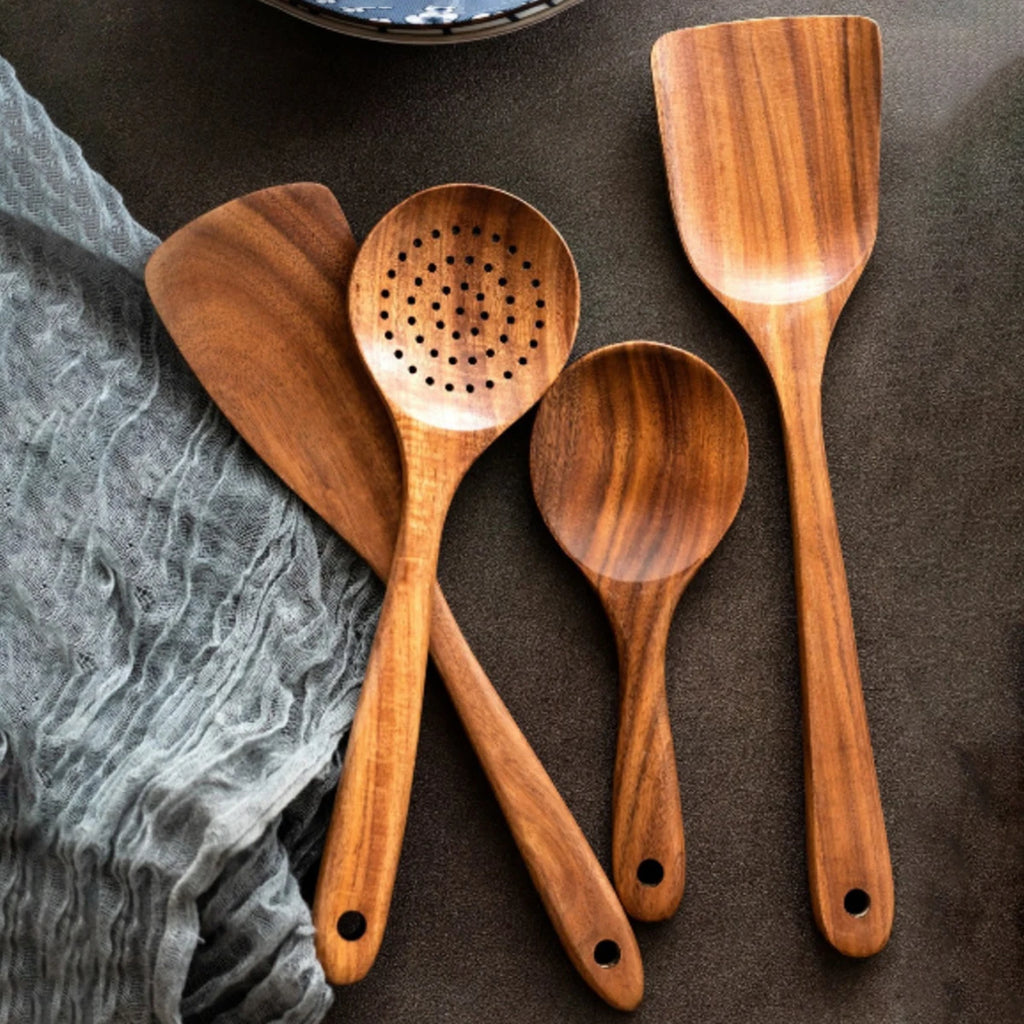 Wooden Kitchen Utensil Set with Holder – Natural Cooking Tools Set | Spatula, Spoon, Fork & Stirring Tools for Non-Stick Cookware