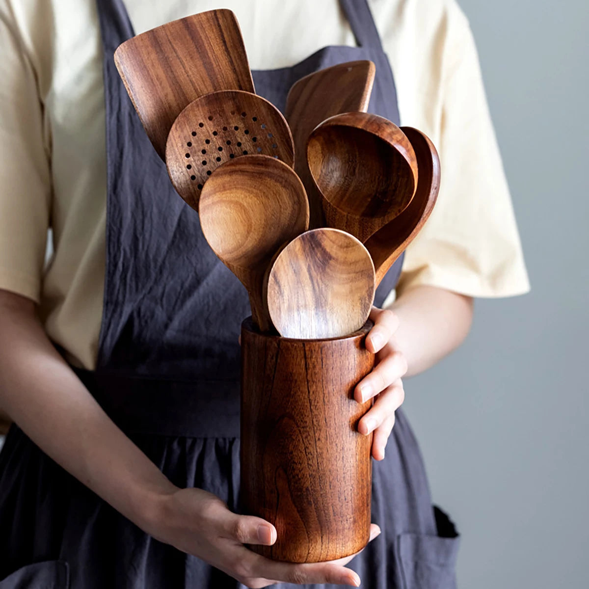 Wooden Kitchen Utensil Set with Holder – Natural Cooking Tools Set | Spatula, Spoon, Fork & Stirring Tools for Non-Stick Cookware