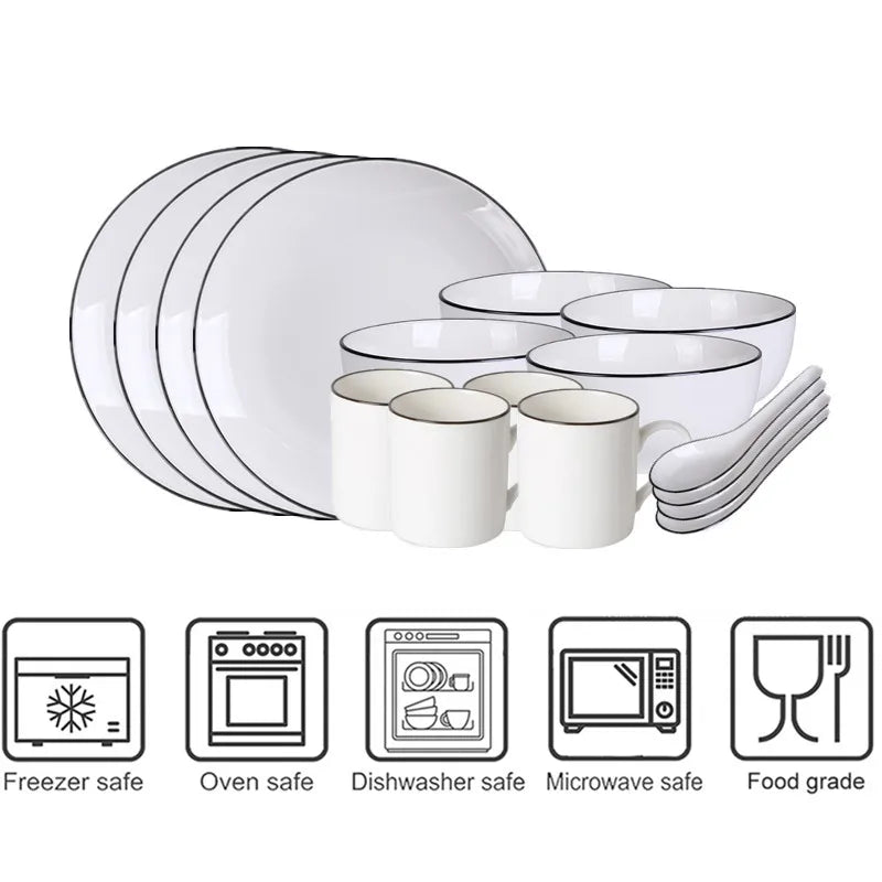 Modern Ceramic Dinner Plate – White Plate with Black Rim | Minimalist Round Dish for Rice, Salad, Pasta & Soup | Kitchen & Dining Tableware