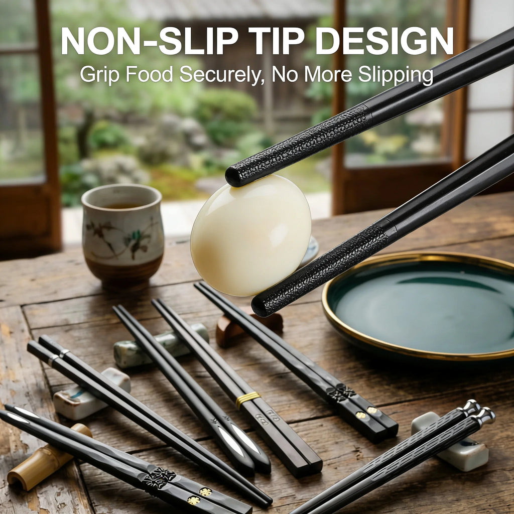 5-Piece Black Chopsticks Set – Reusable Durable Kitchen Tableware | Lightweight Non-Slip Chopsticks for Home, Sushi, Ramen & Asian Cuisine