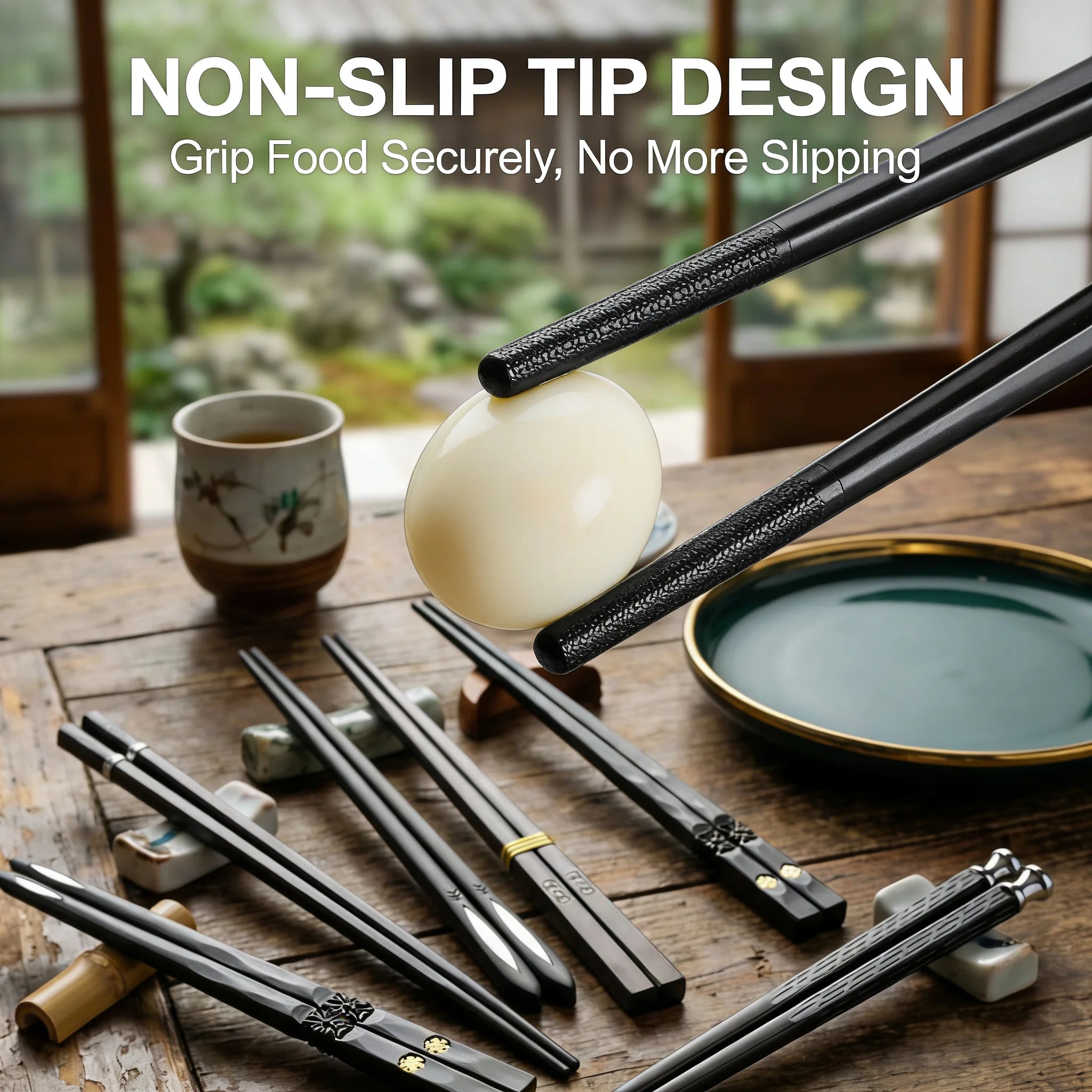 5-Piece Black Chopsticks Set – Reusable Durable Kitchen Tableware | Lightweight Non-Slip Chopsticks for Home, Sushi, Ramen & Asian Cuisine