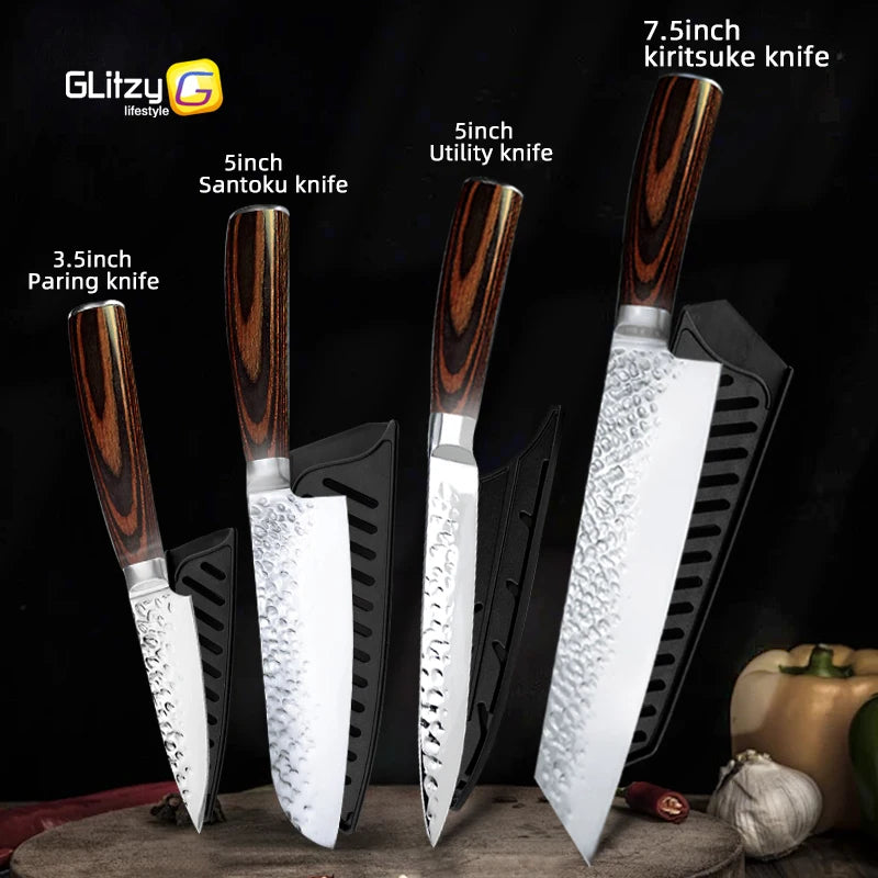 Japanese Chef Knife Set – 7CR17 High Carbon Stainless Steel Kitchen Knives | Ultra Sharp Santoku, Utility & Cleaver with Pakka Wood Handle