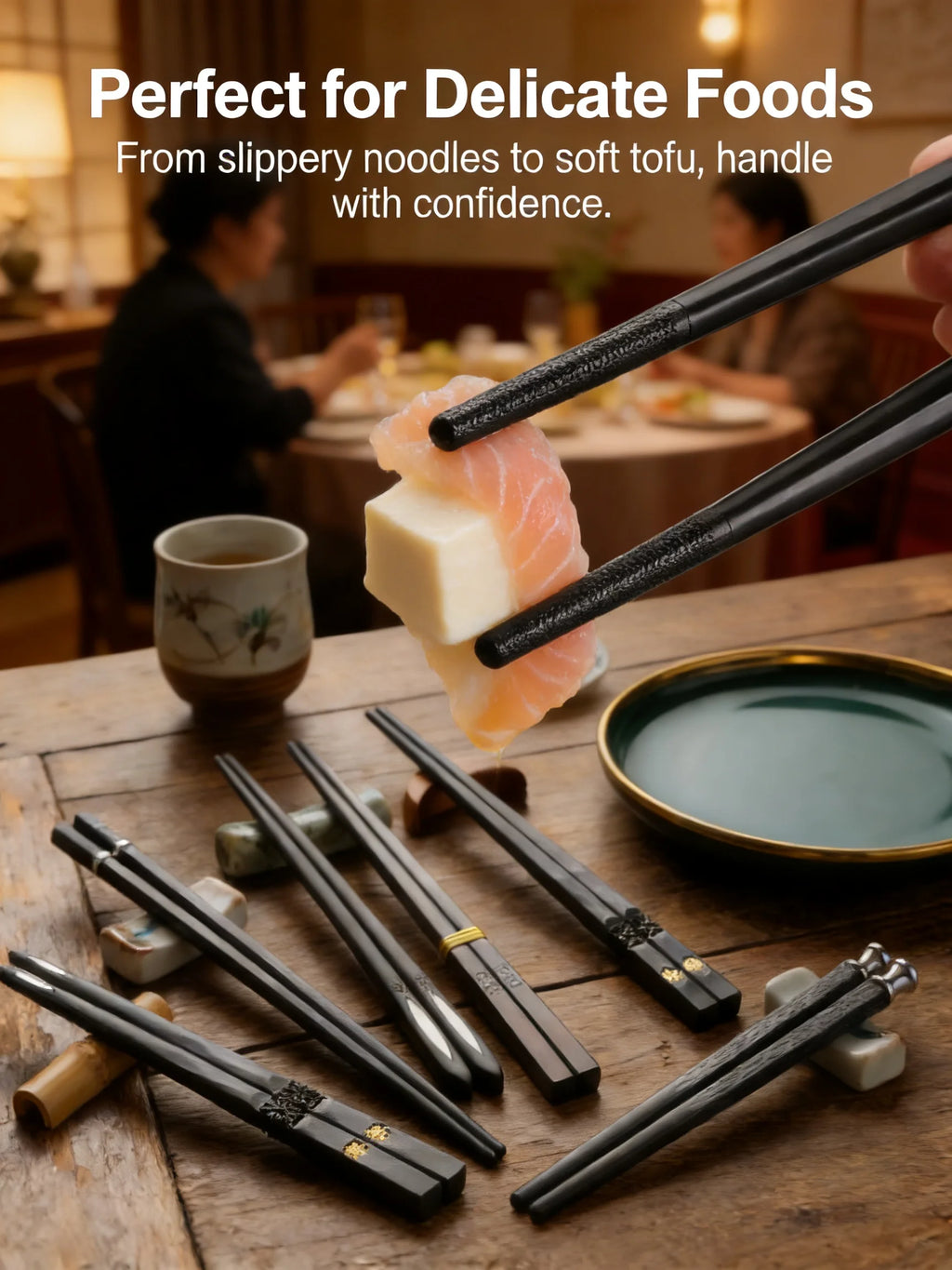 5-Piece Black Chopsticks Set – Reusable Durable Kitchen Tableware | Lightweight Non-Slip Chopsticks for Home, Sushi, Ramen & Asian Cuisine