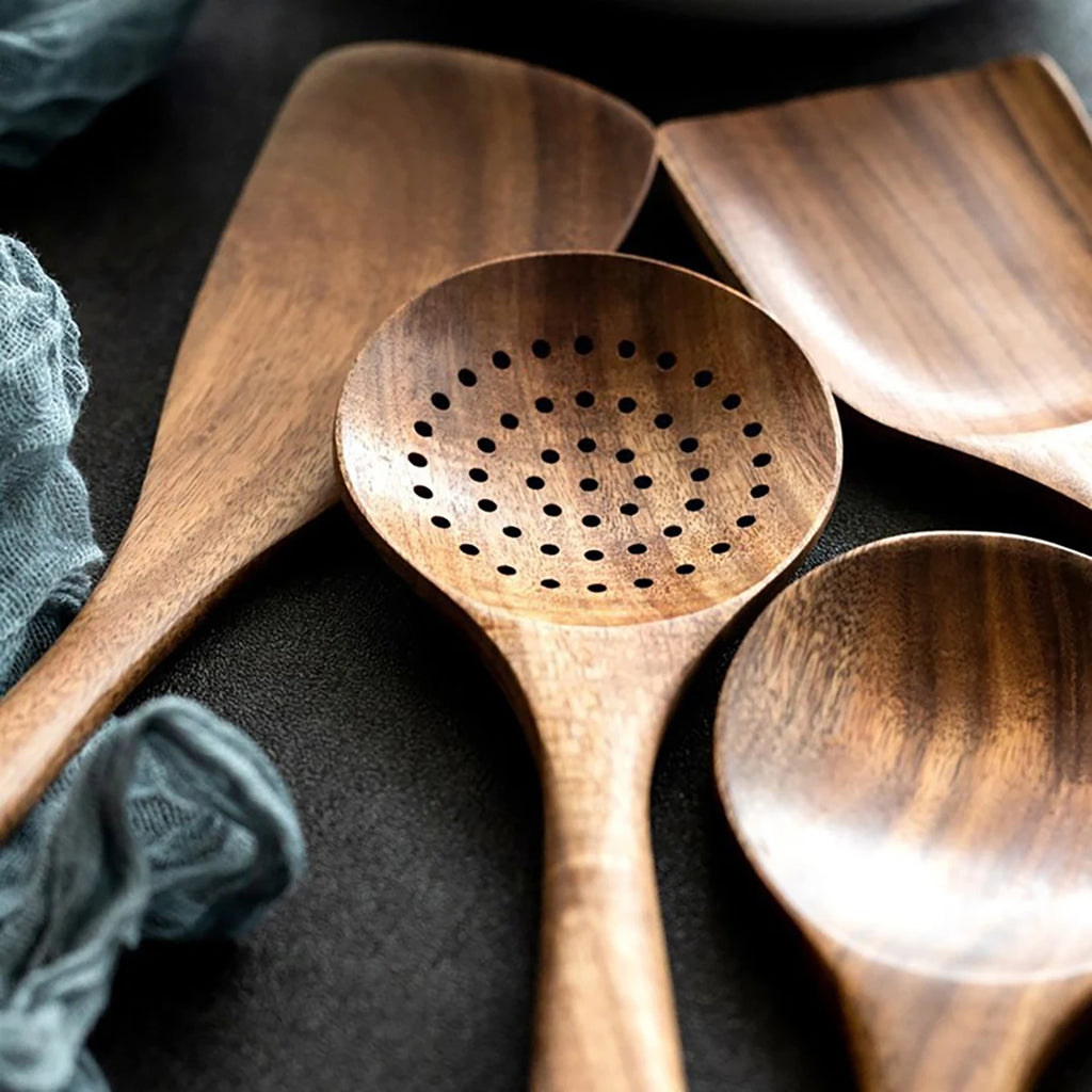 Wooden Kitchen Utensil Set with Holder – Natural Cooking Tools Set | Spatula, Spoon, Fork & Stirring Tools for Non-Stick Cookware