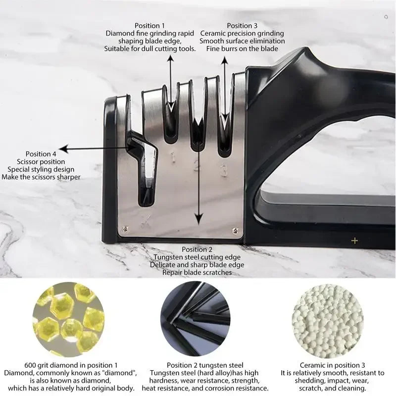 4-Stage Kitchen Knife Sharpener – Non-Slip Base Multifunction Knife Sharpening Tool | Portable Stainless Steel Sharpener for Kitchen & Household Knives