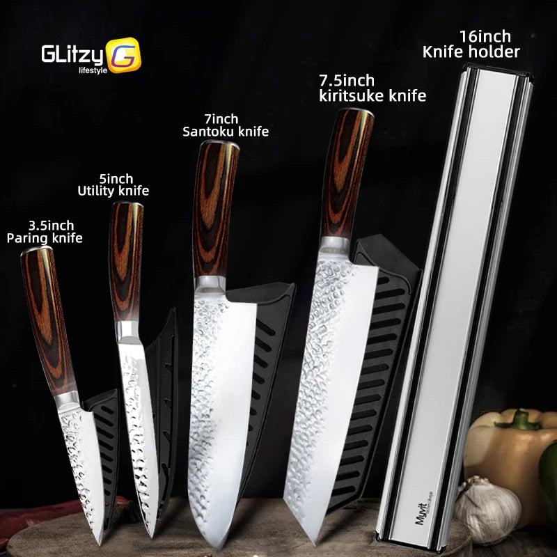 Japanese Chef Knife Set – 7CR17 High Carbon Stainless Steel Kitchen Knives | Ultra Sharp Santoku, Utility & Cleaver with Pakka Wood Handle