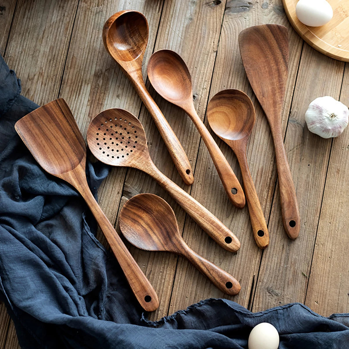 Wooden Kitchen Utensil Set with Holder – Natural Cooking Tools Set | Spatula, Spoon, Fork & Stirring Tools for Non-Stick Cookware