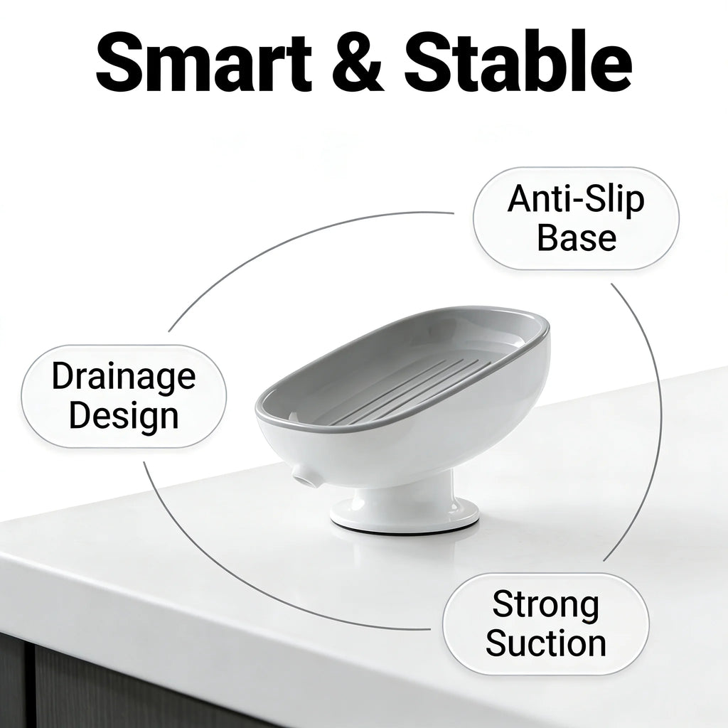 Suction Cup Soap Dish – Self-Draining Wall Mounted Soap Holder | Non-Slip Bathroom & Kitchen Sink Soap Storage Tray for Dry & Clean Soap