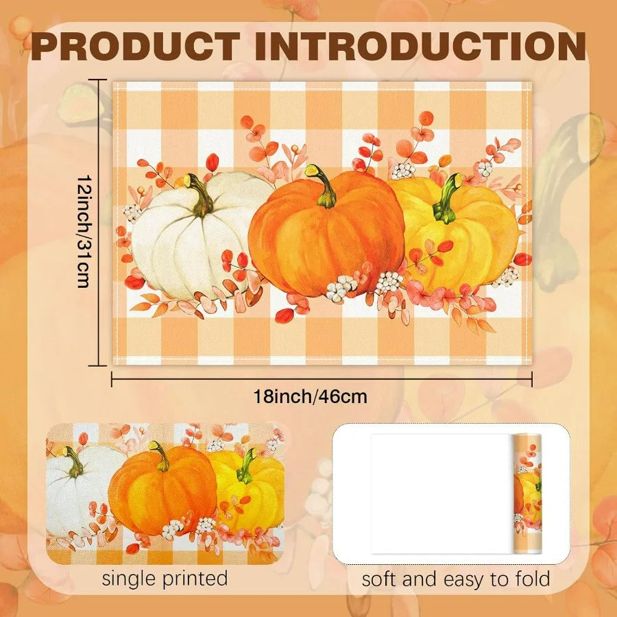 Set of 4 Fall Placemats 12x18 Inch – Autumn Pumpkin Table Mats for Thanksgiving & Holiday Decor | Heat-Resistant Kitchen Dining Table Protectors
