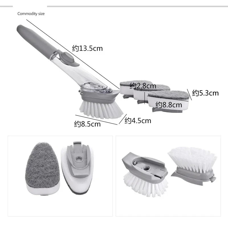2-in-1 Soap Dispenser Kitchen Cleaning Brush – Long Handle Dish Scrubber with Sponge & Scraper | Leak-Proof Dishwashing Brush for Pots, Sink & Kitchen Cleaning