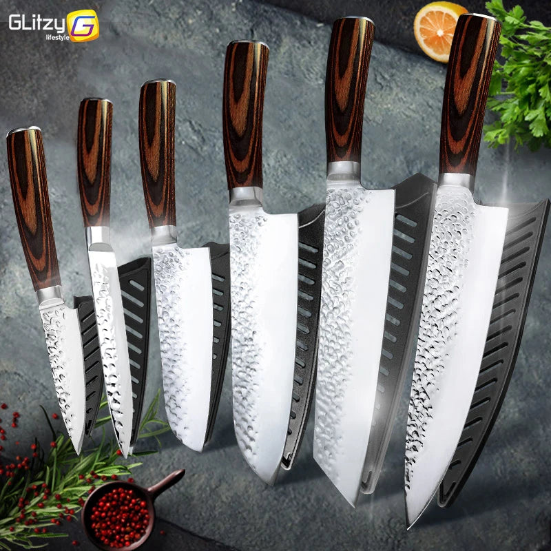 Japanese Chef Knife Set – 7CR17 High Carbon Stainless Steel Kitchen Knives | Ultra Sharp Santoku, Utility & Cleaver with Pakka Wood Handle