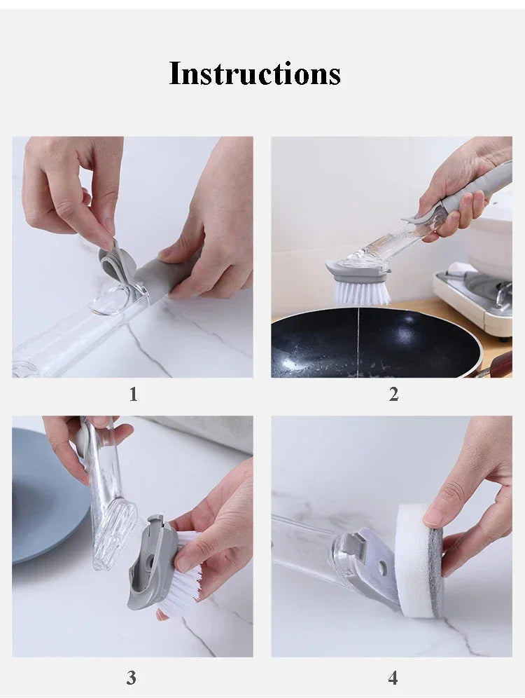 2-in-1 Soap Dispenser Kitchen Cleaning Brush – Long Handle Dish Scrubber with Sponge & Scraper | Leak-Proof Dishwashing Brush for Pots, Sink & Kitchen Cleaning