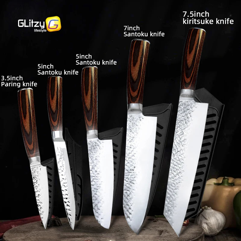 Japanese Chef Knife Set – 7CR17 High Carbon Stainless Steel Kitchen Knives | Ultra Sharp Santoku, Utility & Cleaver with Pakka Wood Handle