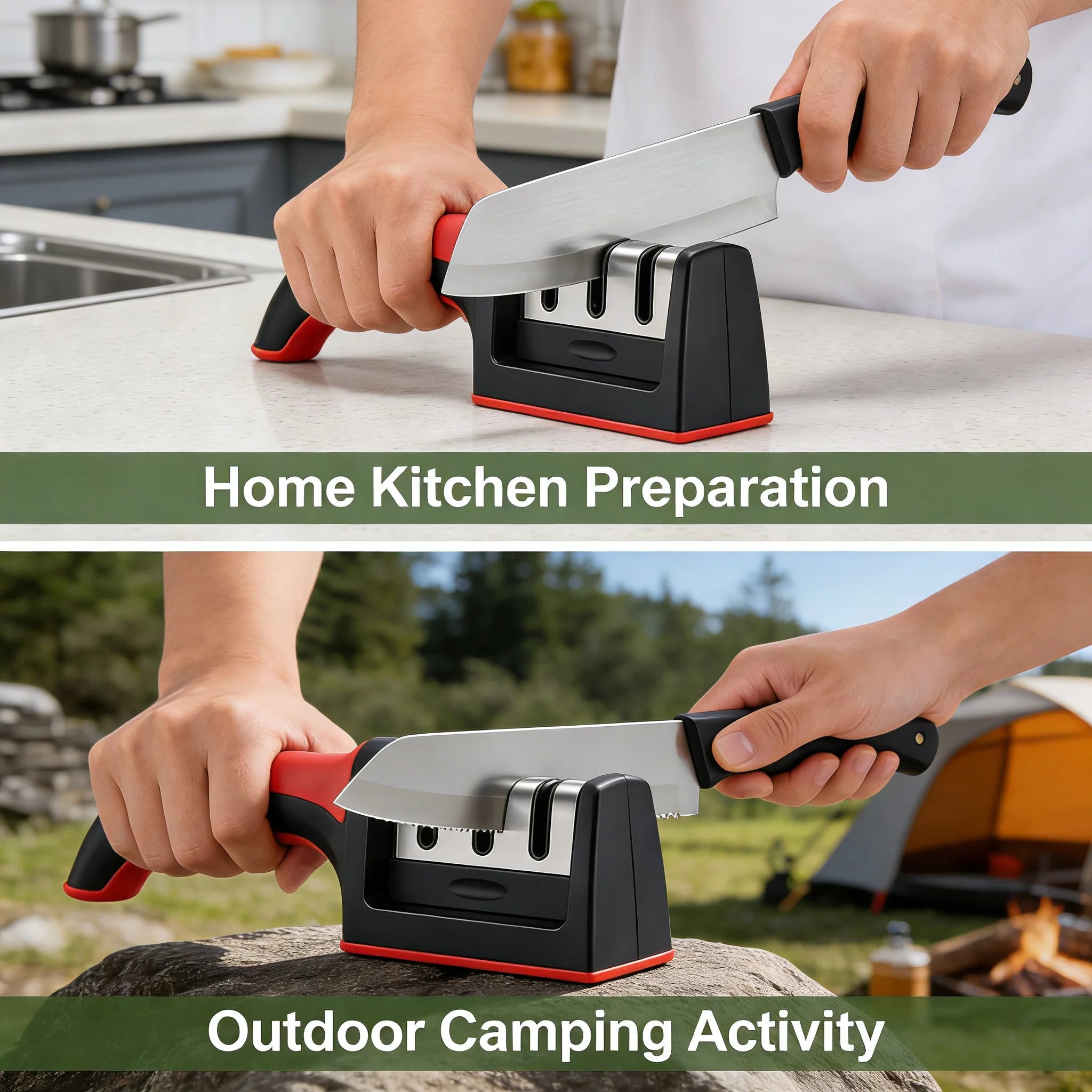 3-Stage Knife Sharpener – Manual Kitchen Knife Sharpening Tool with Non-Slip Handle | Professional Blade Restorer for Dull Knives & Home Cooking