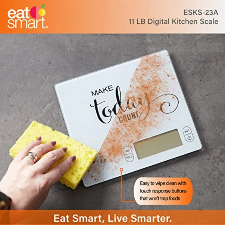 Eat Smart 11lb Digital Kitchen Scale – Glass Food Scale with Inspirational Design | High Precision Cooking & Baking Scale for Meal Prep & Portion Control