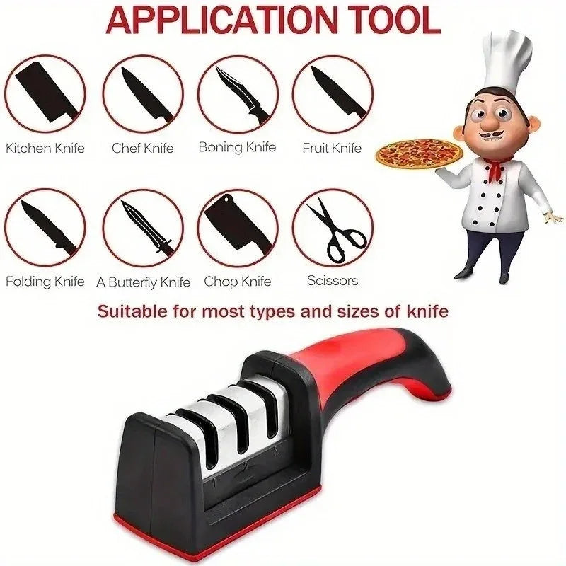 3-Stage Knife Sharpener – Manual Kitchen Knife Sharpening Tool with Non-Slip Handle | Professional Blade Restorer for Dull Knives & Home Cooking