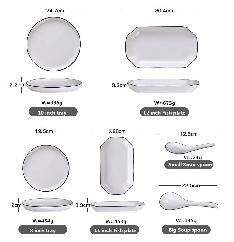 Modern Ceramic Dinner Plate – White Plate with Black Rim | Minimalist Round Dish for Rice, Salad, Pasta & Soup | Kitchen & Dining Tableware