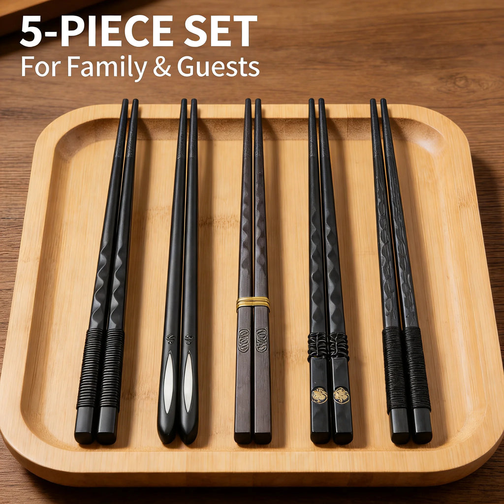 5-Piece Black Chopsticks Set – Reusable Durable Kitchen Tableware | Lightweight Non-Slip Chopsticks for Home, Sushi, Ramen & Asian Cuisine