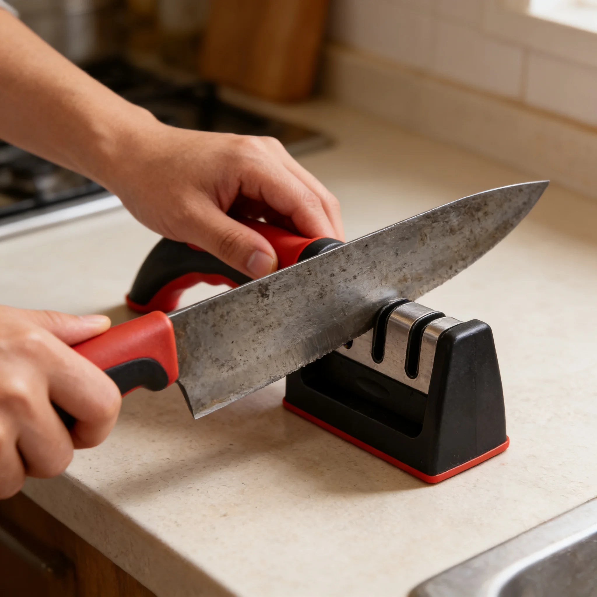 3-Stage Knife Sharpener – Manual Kitchen Knife Sharpening Tool with Non-Slip Handle | Professional Blade Restorer for Dull Knives & Home Cooking