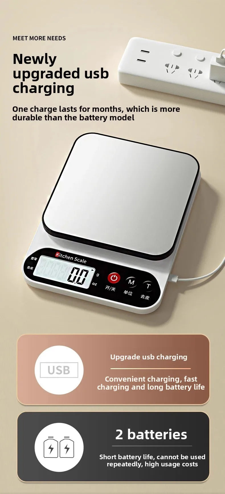 Digital Kitchen Scale – High Precision Food Scale (1g Accuracy) | USB Rechargeable Cooking & Baking Scale with LCD Display & Tare Function