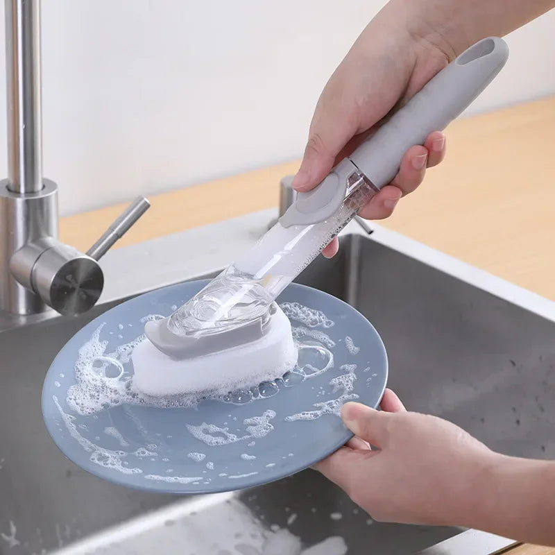 2-in-1 Soap Dispenser Kitchen Cleaning Brush – Long Handle Dish Scrubber with Sponge & Scraper | Leak-Proof Dishwashing Brush for Pots, Sink & Kitchen Cleaning