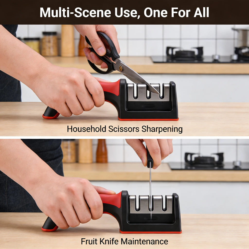 3-Stage Knife Sharpener – Manual Kitchen Knife Sharpening Tool with Non-Slip Handle | Professional Blade Restorer for Dull Knives & Home Cooking