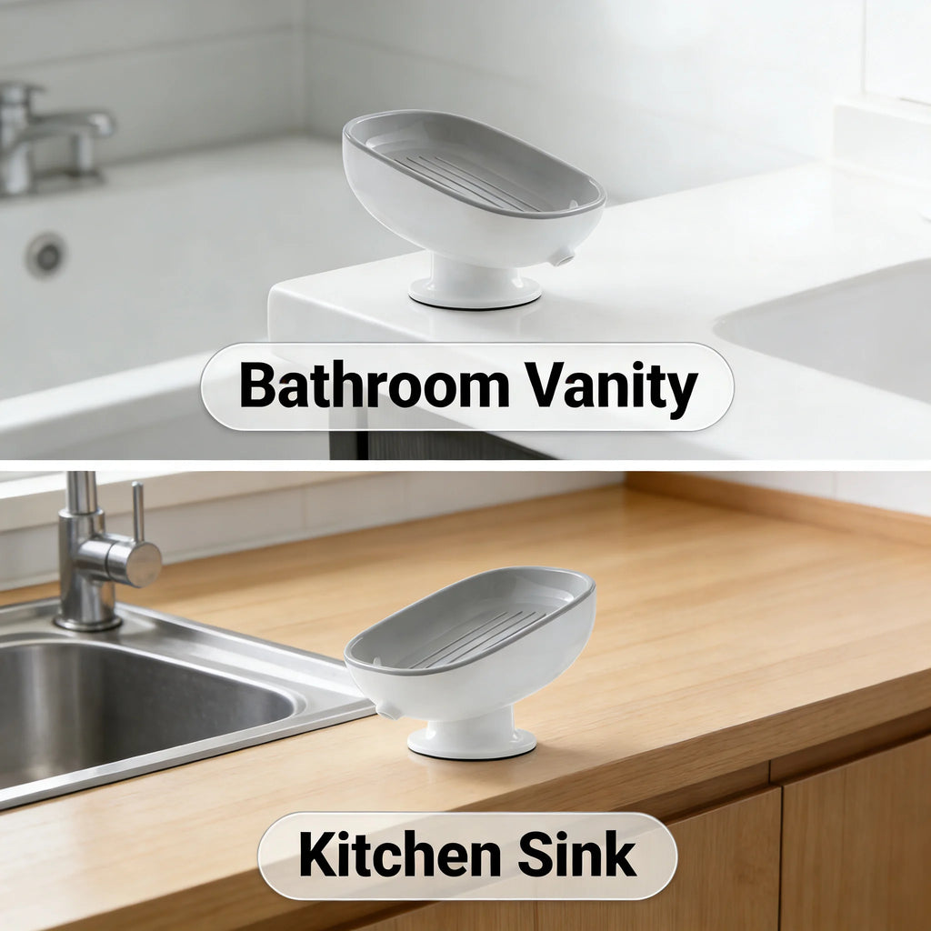 Suction Cup Soap Dish – Self-Draining Wall Mounted Soap Holder | Non-Slip Bathroom & Kitchen Sink Soap Storage Tray for Dry & Clean Soap