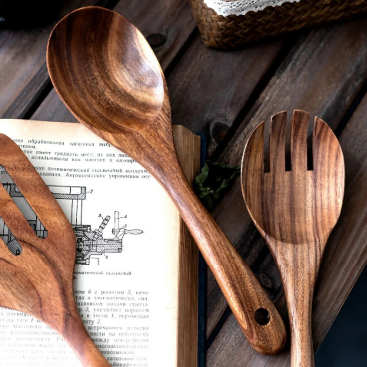 Wooden Kitchen Utensil Set with Holder – Natural Cooking Tools Set | Spatula, Spoon, Fork & Stirring Tools for Non-Stick Cookware