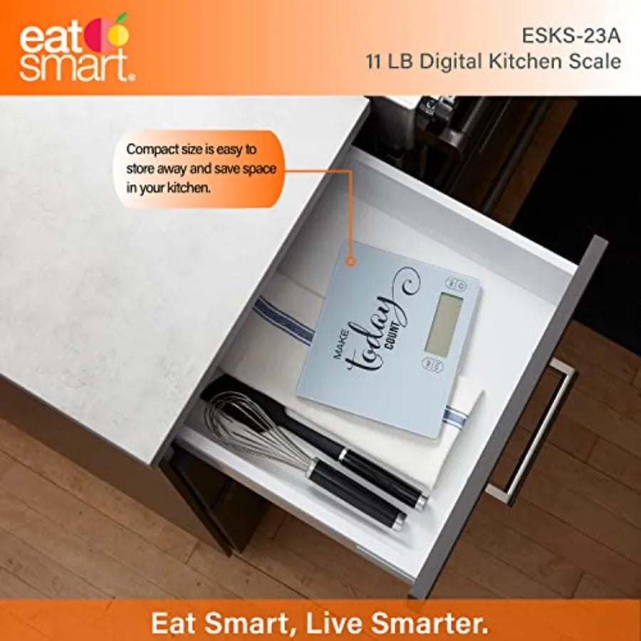 Eat Smart 11lb Digital Kitchen Scale – Glass Food Scale with Inspirational Design | High Precision Cooking & Baking Scale for Meal Prep & Portion Control