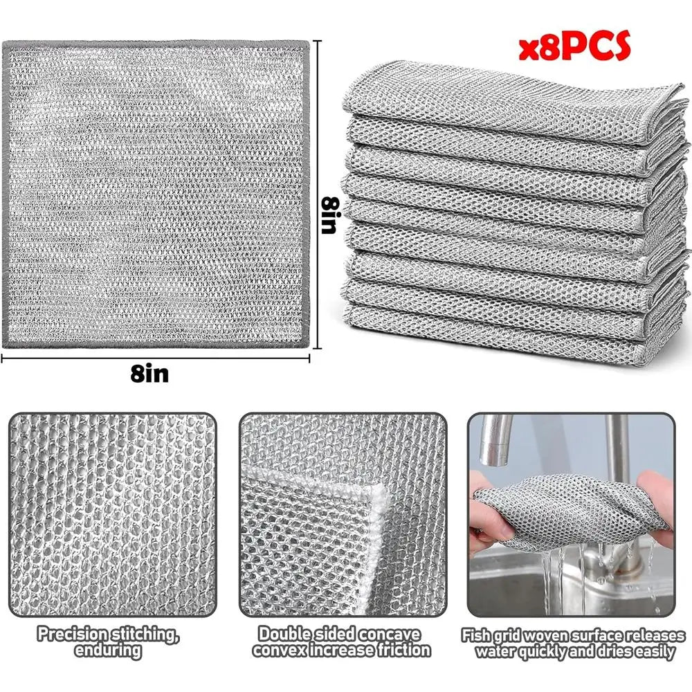 8-Pack Wire Dishwashing Cloths – Non-Scratch Steel Wool Cleaning Rags | Reusable Heavy Duty Kitchen Scrubbers for Pots, Pans, Dishes & Surfaces