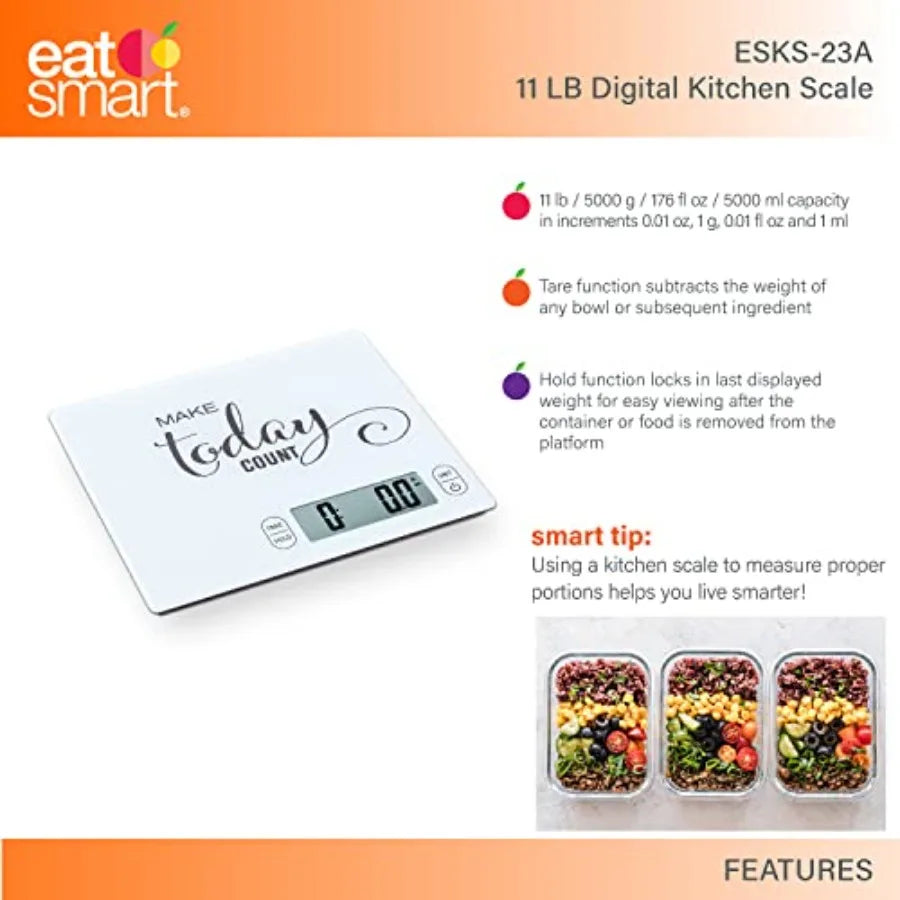 Eat Smart 11lb Digital Kitchen Scale – Glass Food Scale with Inspirational Design | High Precision Cooking & Baking Scale for Meal Prep & Portion Control