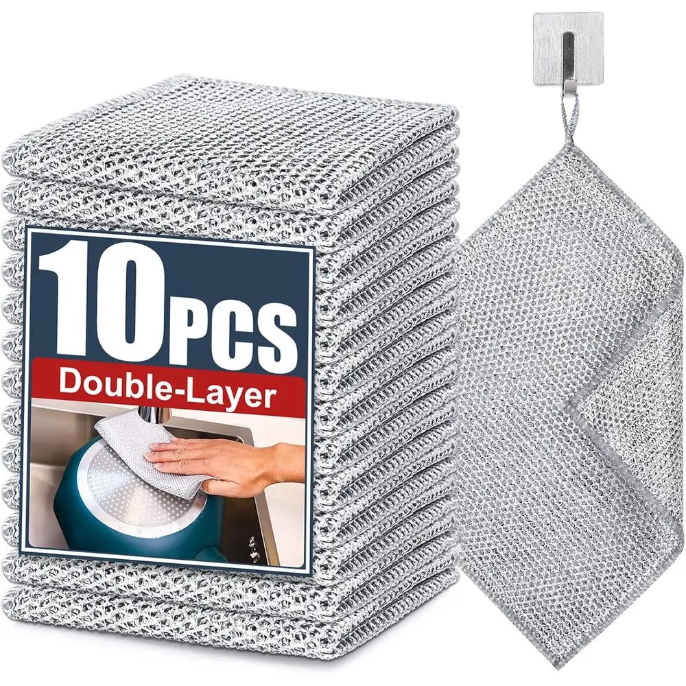 10-Pack Steel Wire Dish Scrubbers – Double-Layer Non-Scratch Cleaning Cloths | Heavy Duty Kitchen Sponge for Pots, Pans, Sinks & Cookware Cleaning