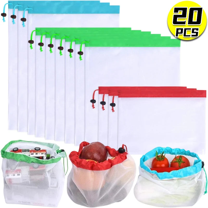 Reusable Mesh Storage Bags with Drawstring – Eco-Friendly Net Bags for Produce, Toys & Kitchen Organization | Washable Fruit & Vegetable Bags