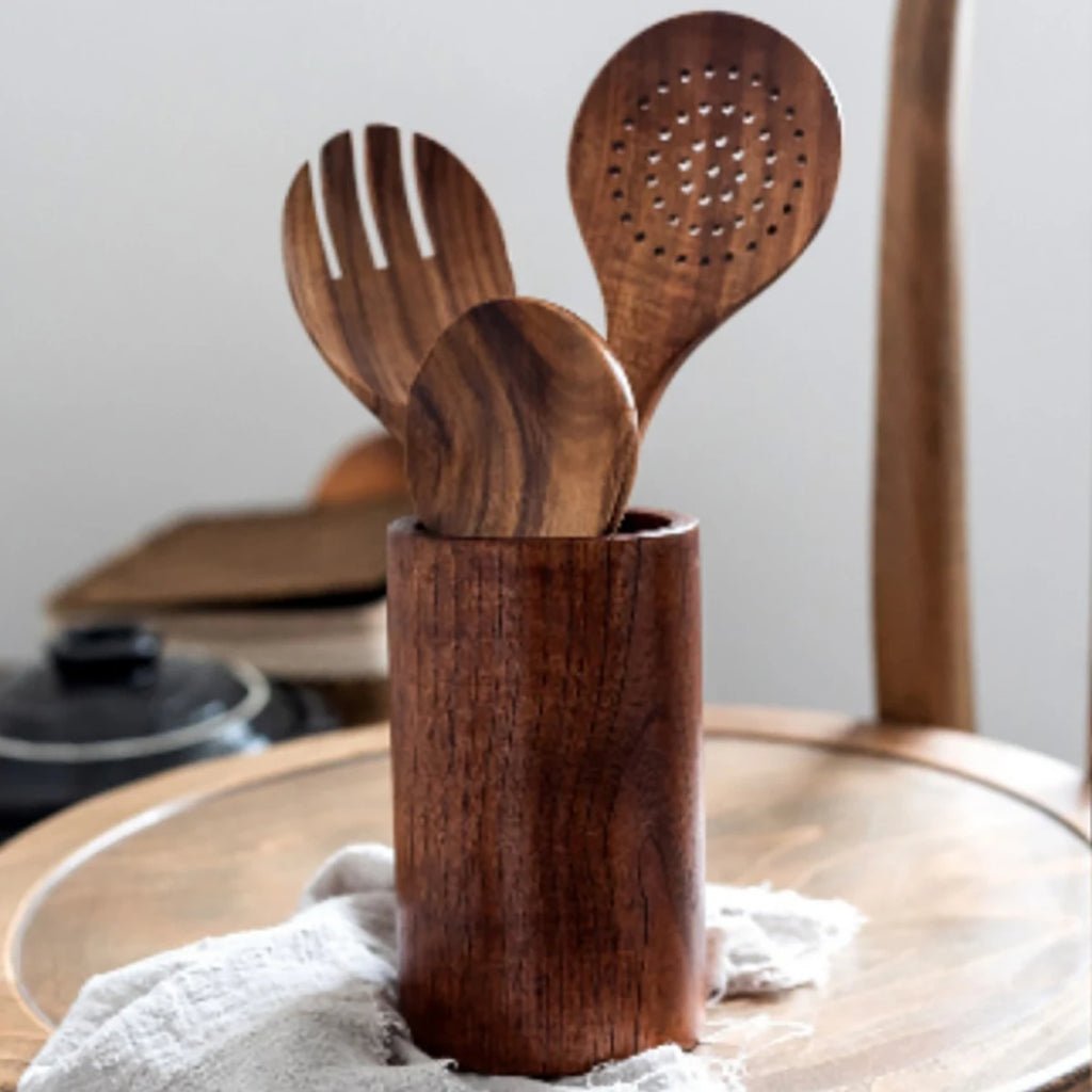 Wooden Kitchen Utensil Set with Holder – Natural Cooking Tools Set | Spatula, Spoon, Fork & Stirring Tools for Non-Stick Cookware