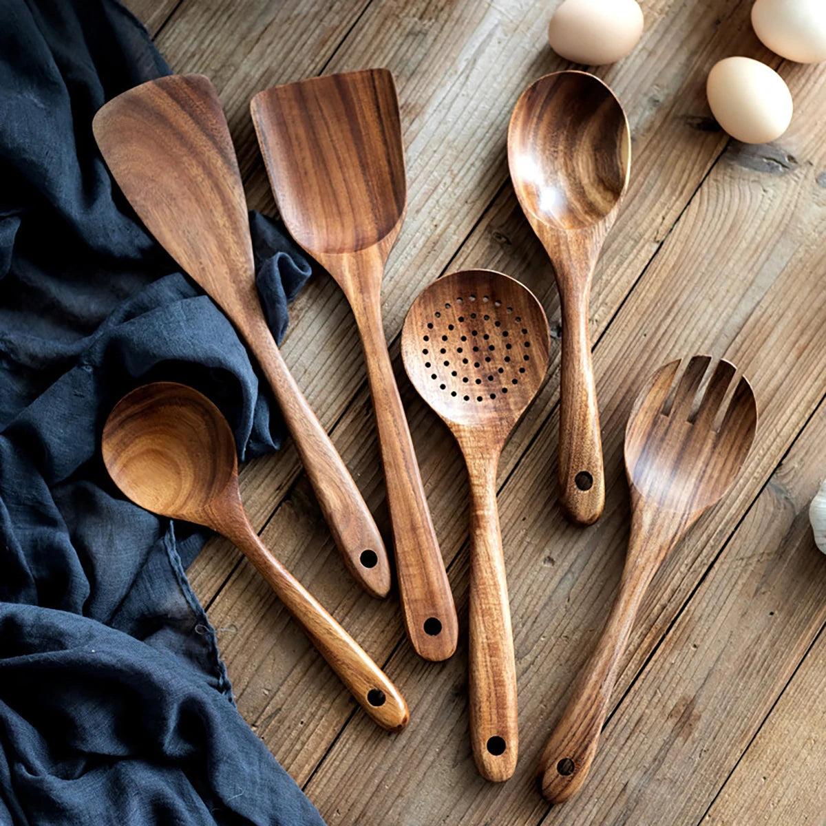 Wooden Kitchen Utensil Set with Holder – Natural Cooking Tools Set | Spatula, Spoon, Fork & Stirring Tools for Non-Stick Cookware