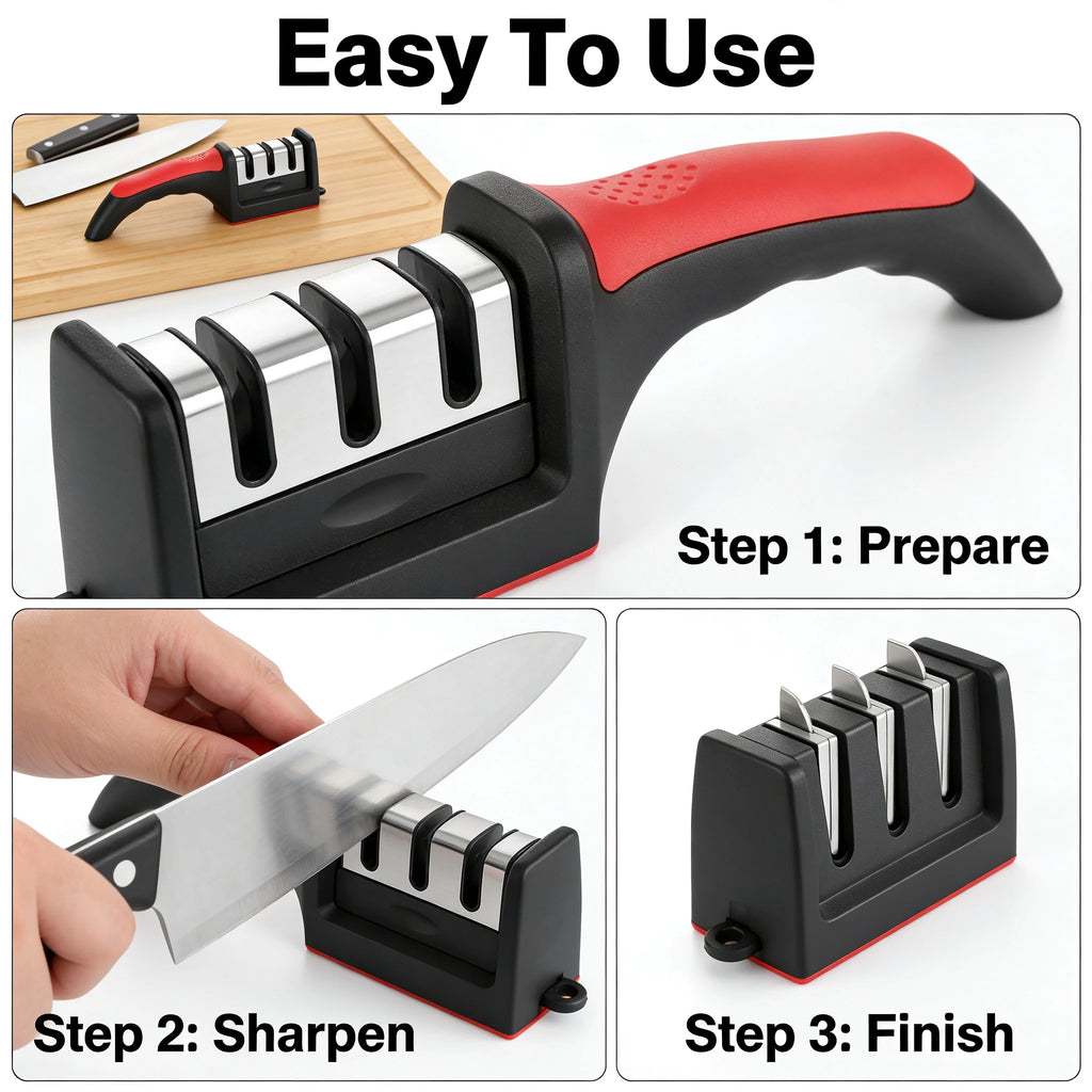 3-Stage Knife Sharpener – Manual Kitchen Knife Sharpening Tool with Non-Slip Handle | Professional Blade Restorer for Dull Knives & Home Cooking