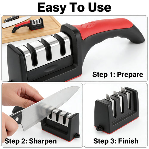 3-Stage Knife Sharpener – Manual Kitchen Knife Sharpening Tool with Non-Slip Handle | Professional Blade Restorer for Dull Knives & Home Cooking