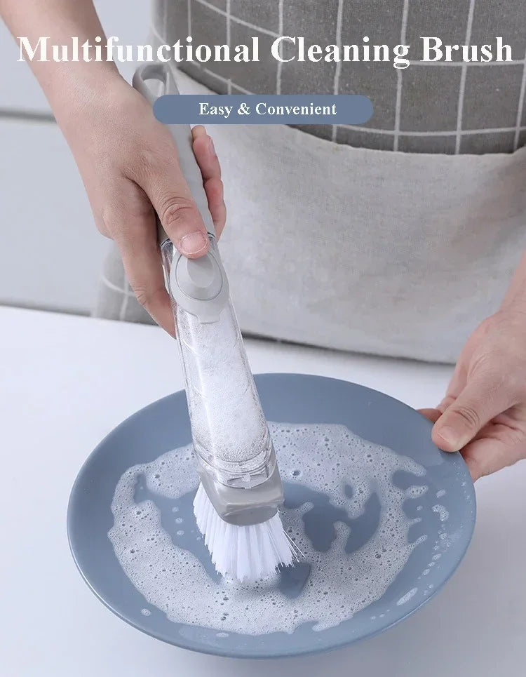2-in-1 Soap Dispenser Kitchen Cleaning Brush – Long Handle Dish Scrubber with Sponge & Scraper | Leak-Proof Dishwashing Brush for Pots, Sink & Kitchen Cleaning