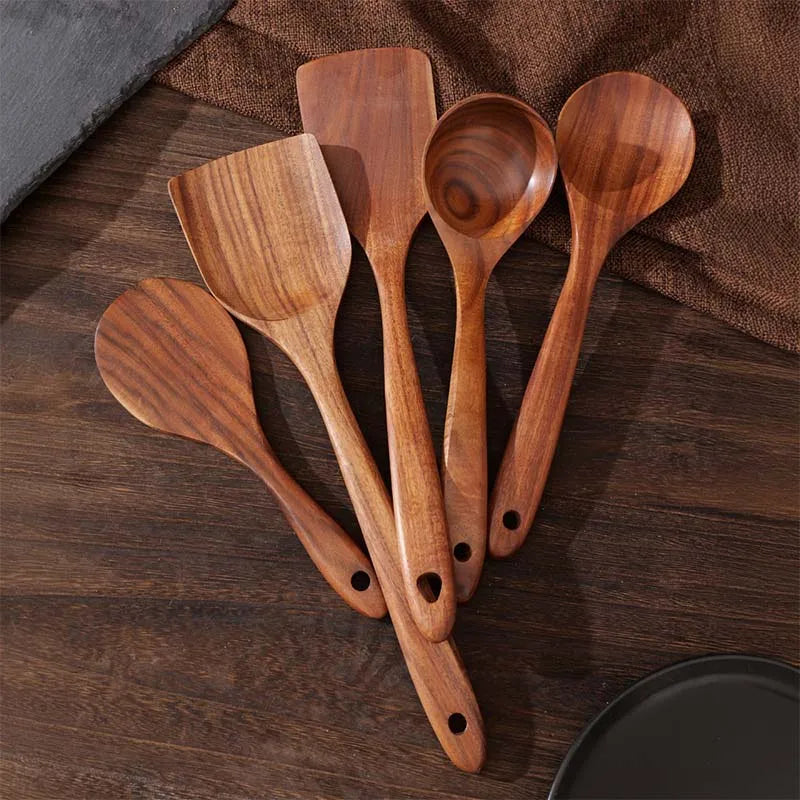 Wooden Kitchen Utensil Set with Holder – Natural Cooking Tools Set | Spatula, Spoon, Fork & Stirring Tools for Non-Stick Cookware