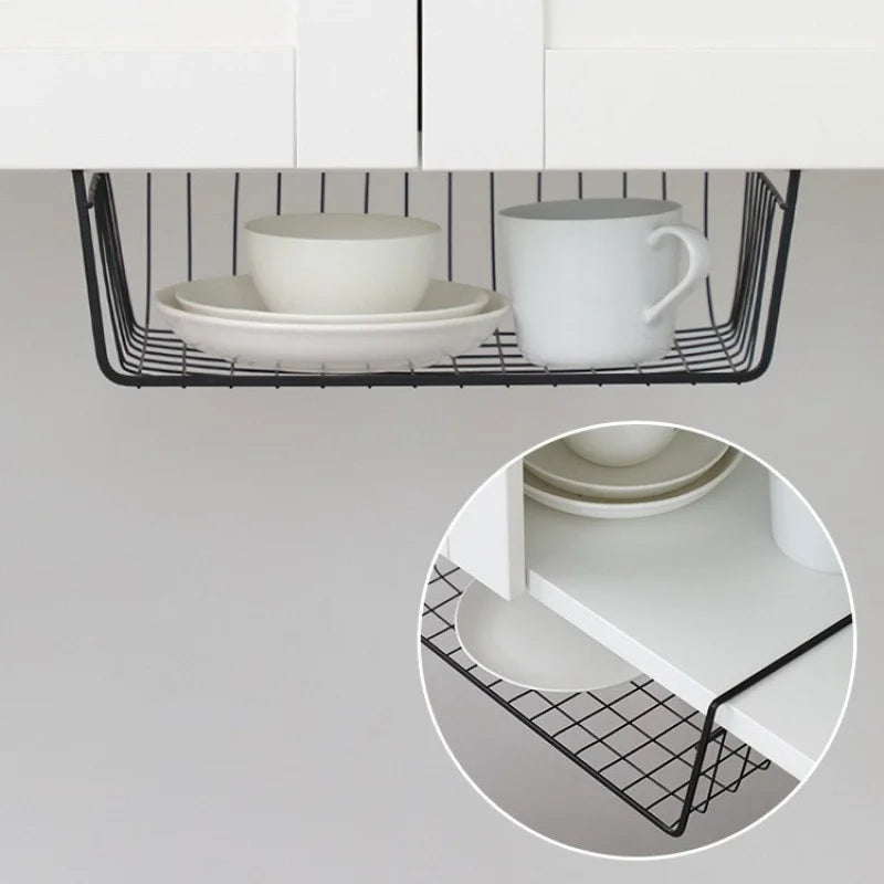 Multi-Functional Hanging Storage Basket – Iron Under-Shelf Organizer Rack | Kitchen, Bathroom & Makeup Storage Holder for Cabinets, Pantry & Counter Space Saving