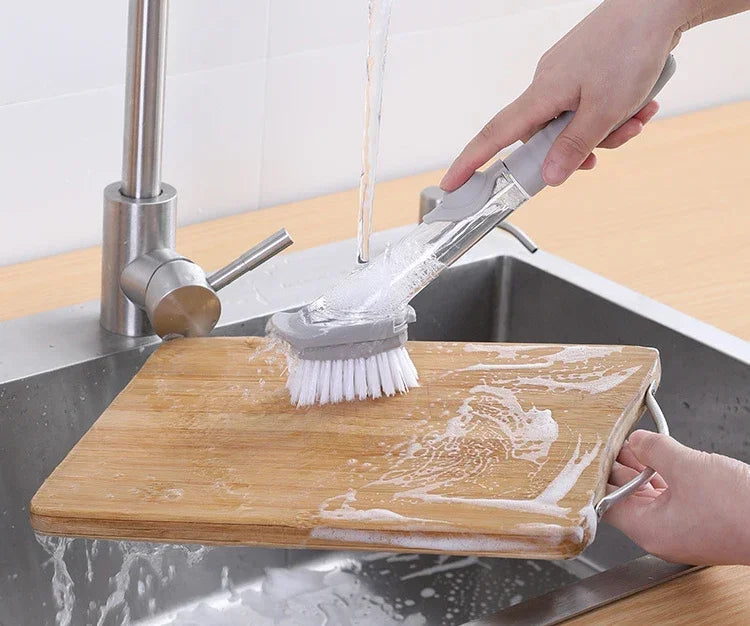 2-in-1 Soap Dispenser Kitchen Cleaning Brush – Long Handle Dish Scrubber with Sponge & Scraper | Leak-Proof Dishwashing Brush for Pots, Sink & Kitchen Cleaning