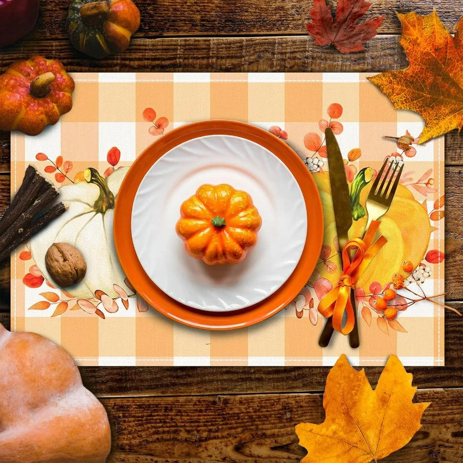 Set of 4 Fall Placemats 12x18 Inch – Autumn Pumpkin Table Mats for Thanksgiving & Holiday Decor | Heat-Resistant Kitchen Dining Table Protectors
