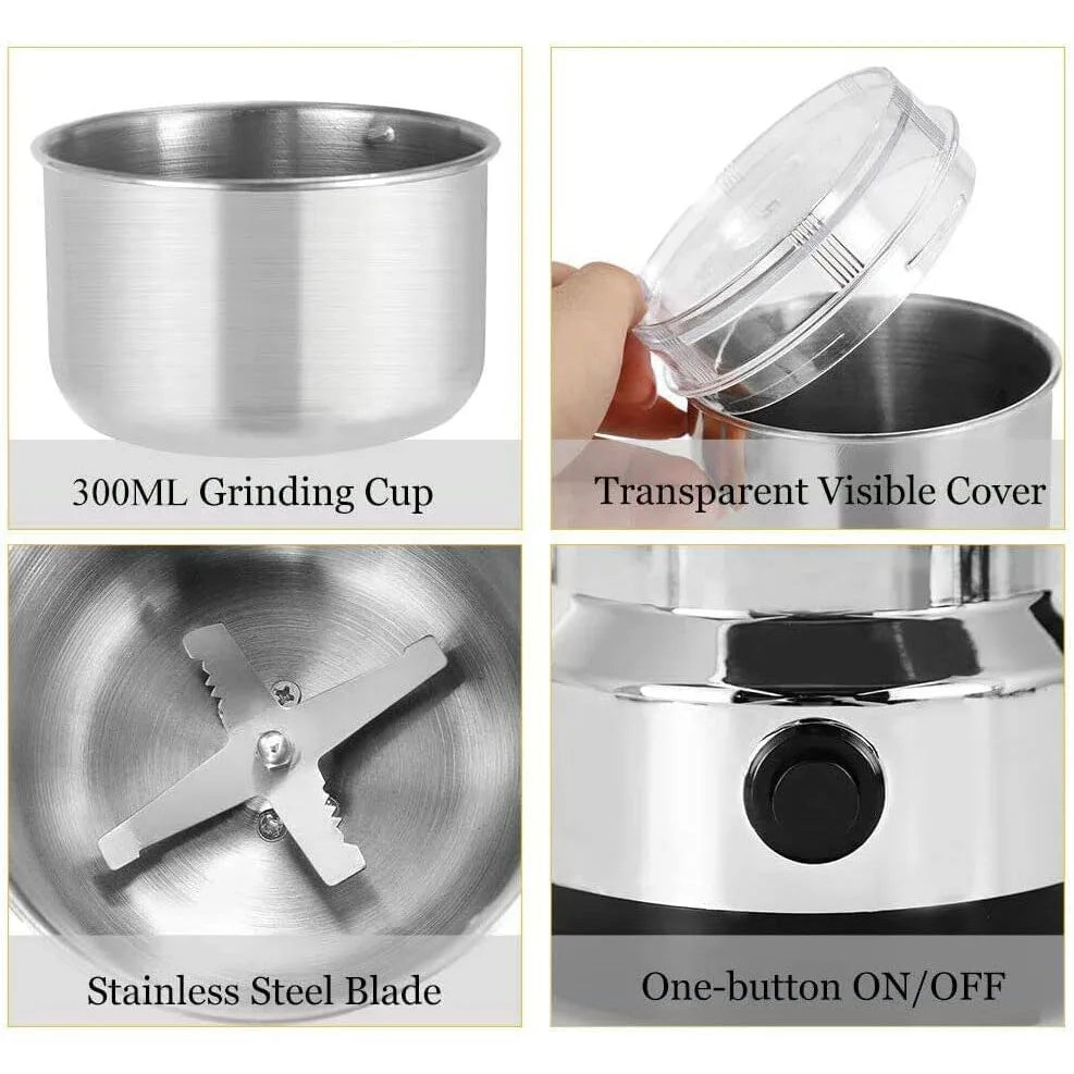 Electric Coffee & Spice Grinder – 4-Blade Multifunction Grinder for Beans, Nuts & Spices | 150W Kitchen Blender for Coffee, Grain & Seasoning Grinding